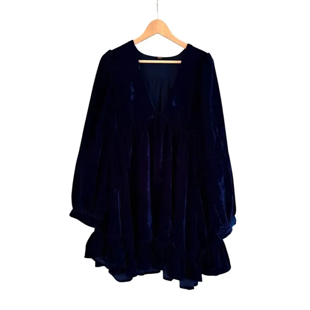Free People Estella Velvet Mini Dress Navy Blue Babydoll Ruffle Medium